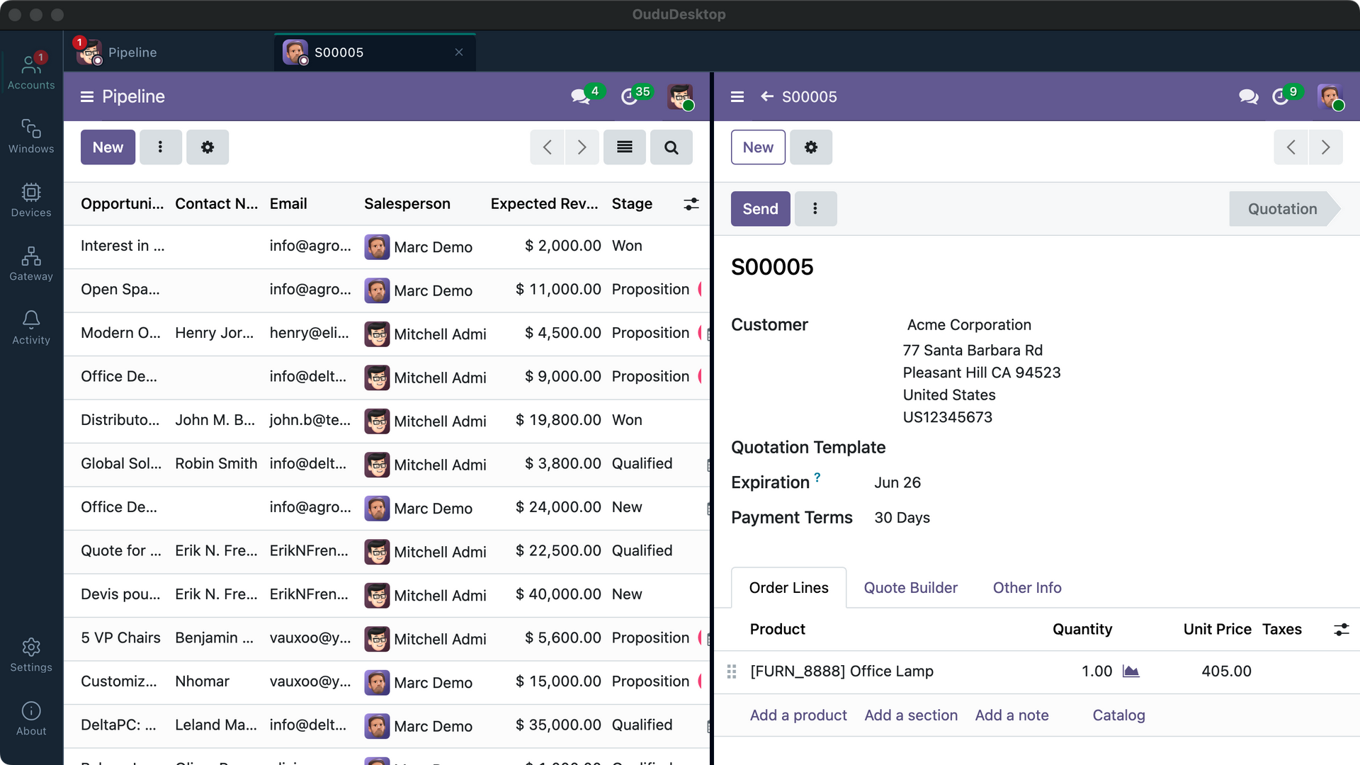 OuduDesktop screenshot: sales quotations and a CRM pipeline shown side by side in two independently signed-in accounts.