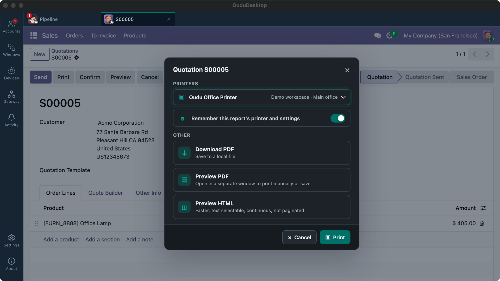 OuduDesktop print dialog over an Odoo report, with a printer, print preset, PDF download, and PDF or HTML preview options.
