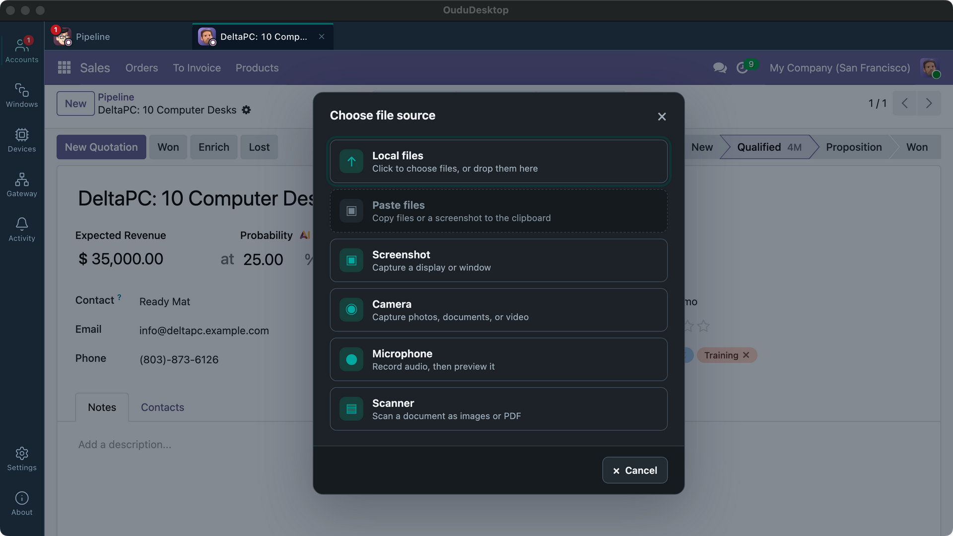 OuduDesktop file source dialog over the attachment area of an Odoo CRM opportunity, offering local files, pasted files, screenshots, camera and scanner.