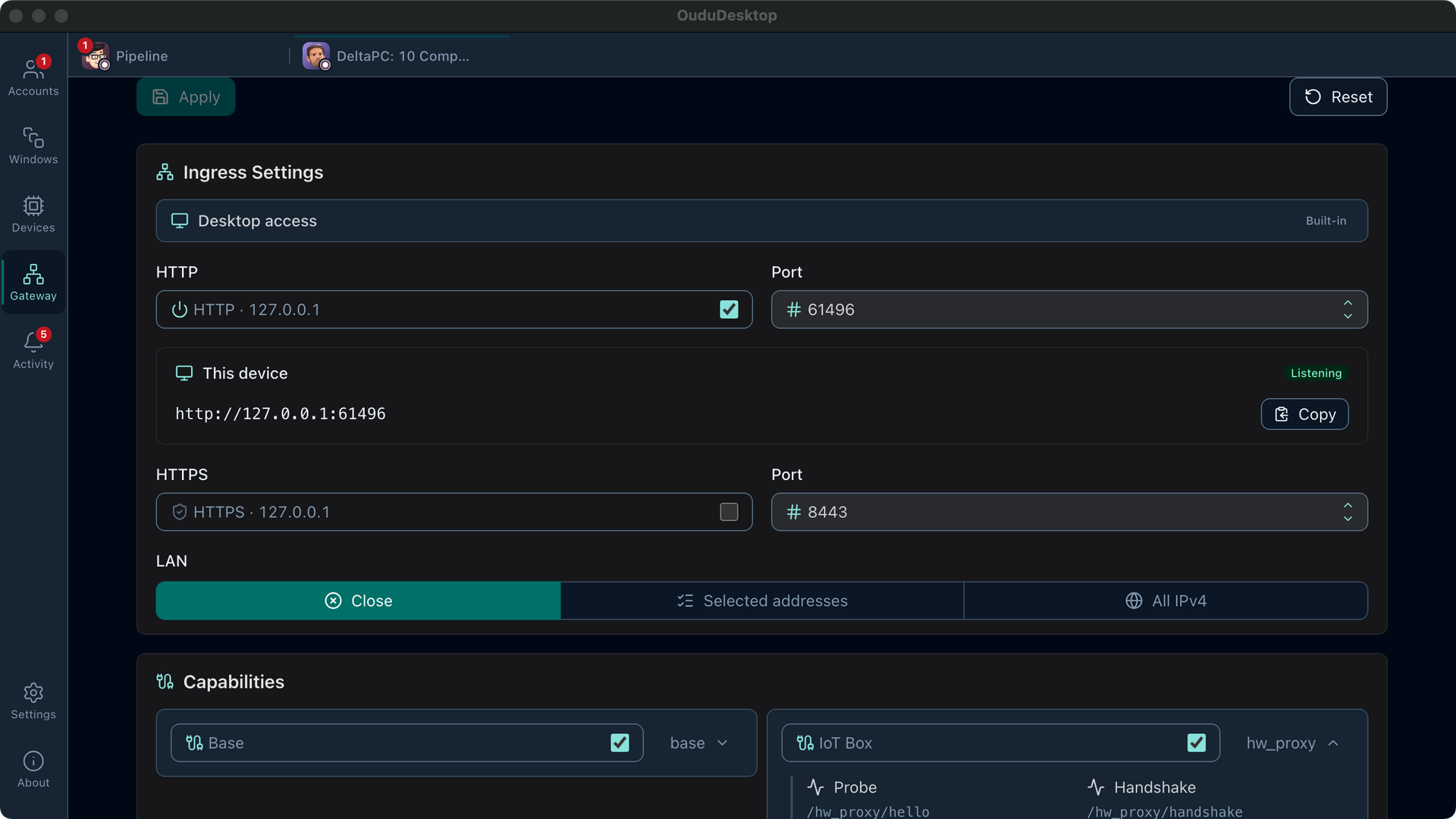 OuduDesktop Gateway Center configuring desktop, HTTP, HTTPS, LAN, and IoT access capabilities in one view.