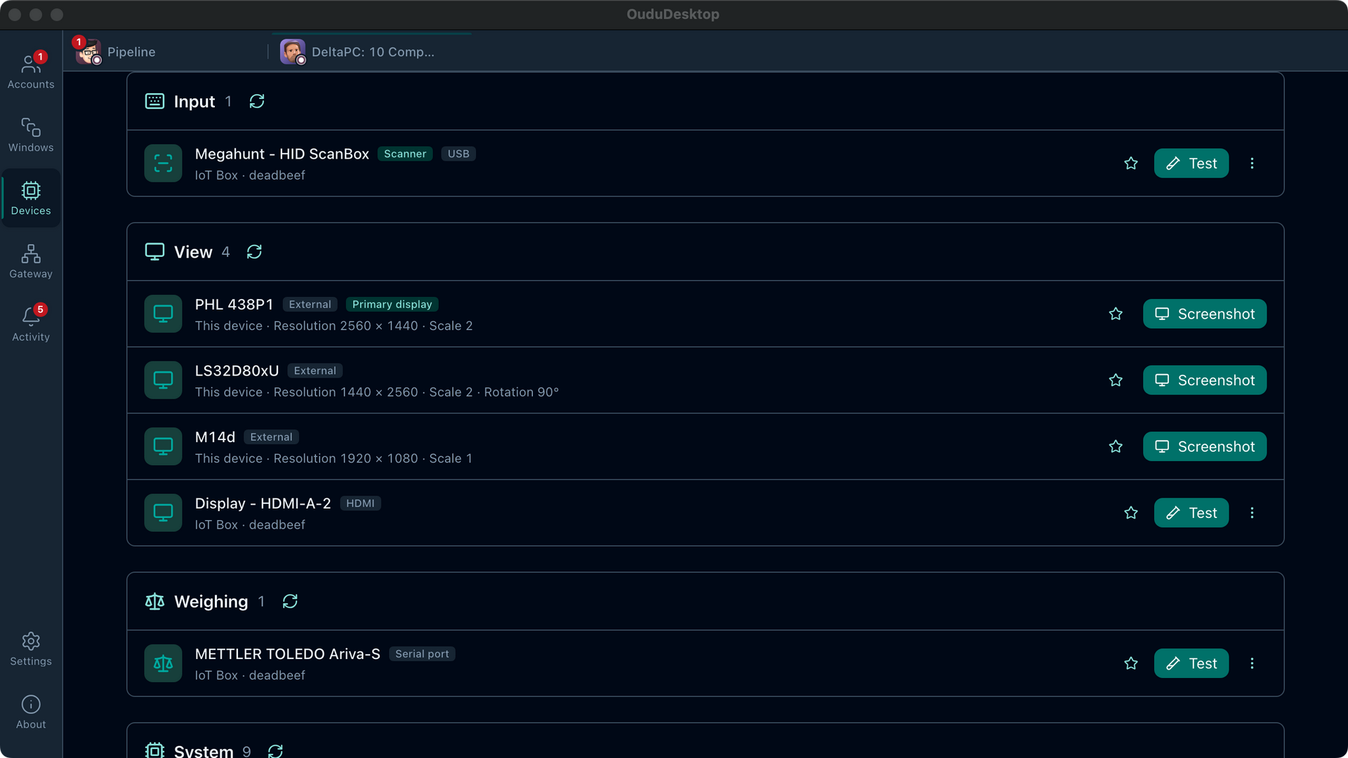 OuduDesktop Device Center listing barcode scanners, scales, and displays with default-device and test actions.